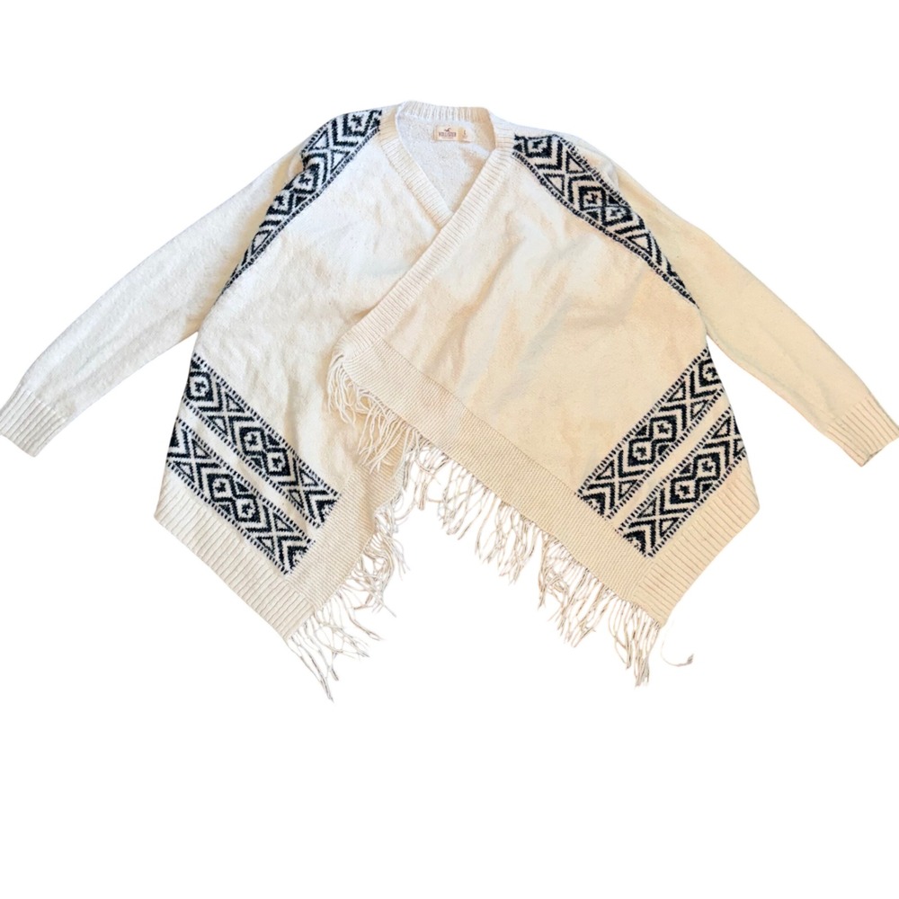 Hollister Womens Cream Aztec Fringe Open Front Cardigan Sweater Size L Boho - Picture 4 of 12